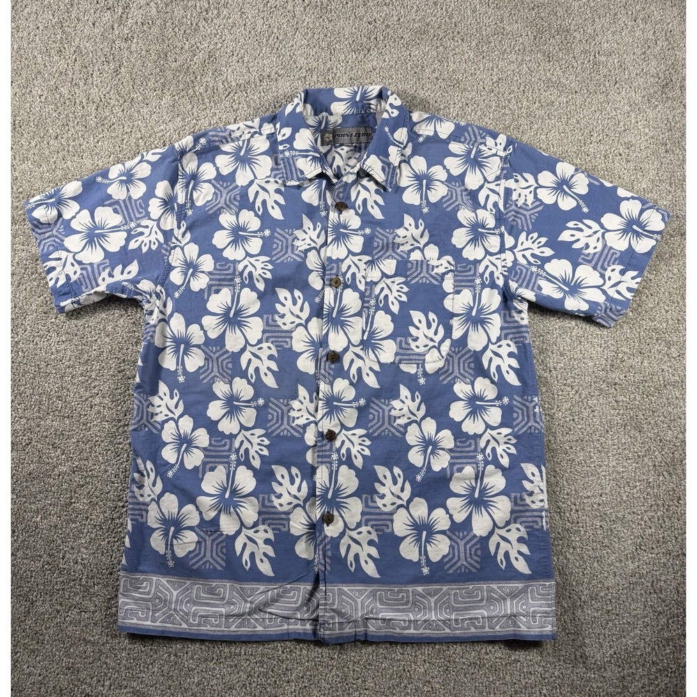 Point Zero Mens Hawaiian Shirt XL Blue Floral Hibiscus Short Sleeve Cotton